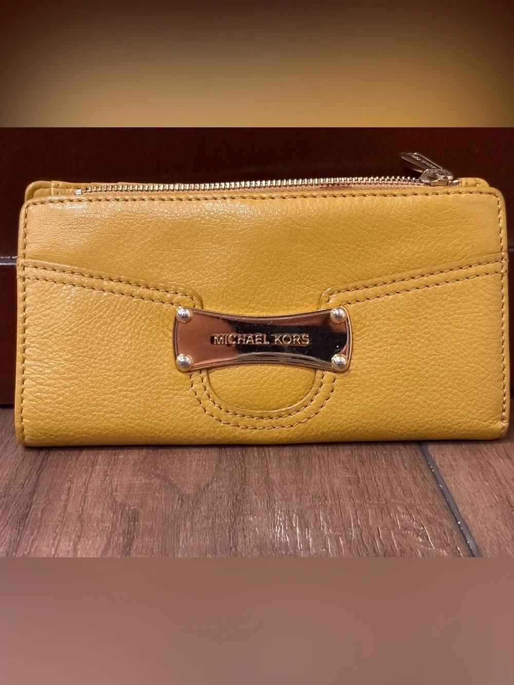 Michael Kors Yellow Leather Zip-Around Wallet with Gold Plaque